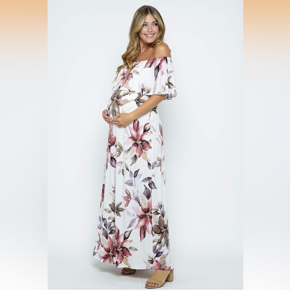 Hello MIZ White Floral Off-Shoulder Maxi Dress with Pink and Brown Blooms